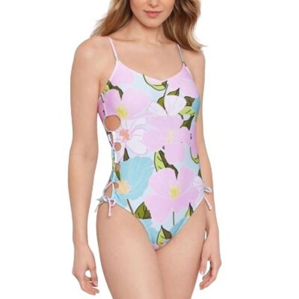 Salt + Cove Women's One Piece Lace-up Swimsuit  Lovely Lilies Large NWT